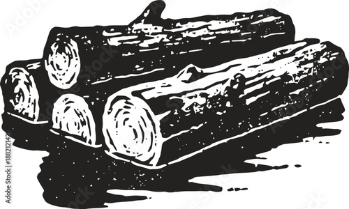 Stack of firewood logs with detailed bark texture and wood rings, rustic natural timber illustration