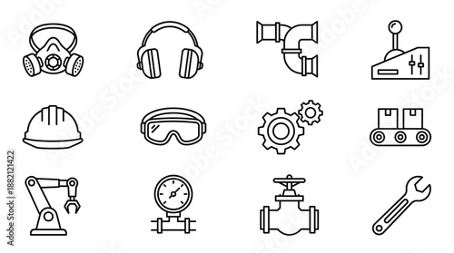 Industrial manufacturing and safety equipment line icon set featuring tools machinery protective gear and factory elements for engineering