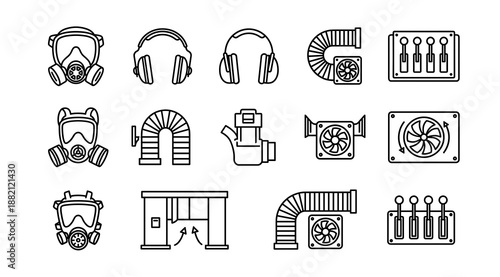 Industrial safety equipment icons including gas masks earmuffs ventilation fans and air duct control panel symbols