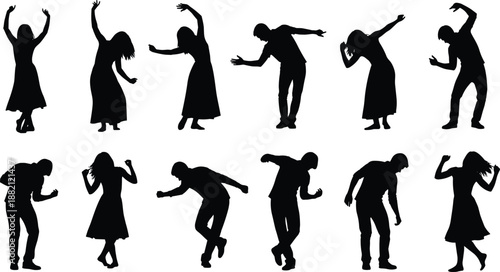 dancing people silhouette collection, energetic male female dance poses, music movement expressions, party celebration concept, black vector illustration set