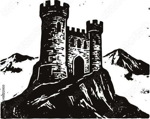 medieval stone castle with towers on rocky hill surrounded by mountains silhouette