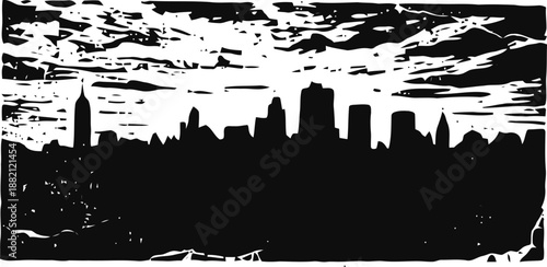 City skyline silhouette with dramatic cloudy sky and urban buildings in black and white