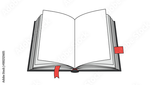 Open book with blank white pages features two red ribbon bookmarks and many layered paper edges ready for reading or writing.
