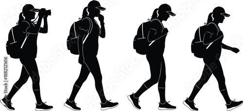 Female hiker walking sequence silhouettes with backpack and camera, outdoor adventure lifestyle concept, traveler motion poses, black isolated figures