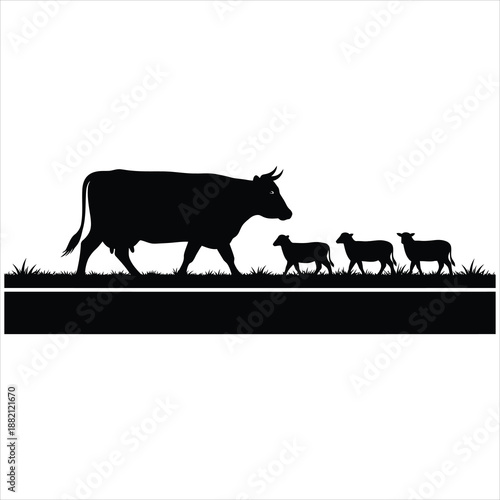 A cow leads a group of lambs in a serene rural landscape silhouette