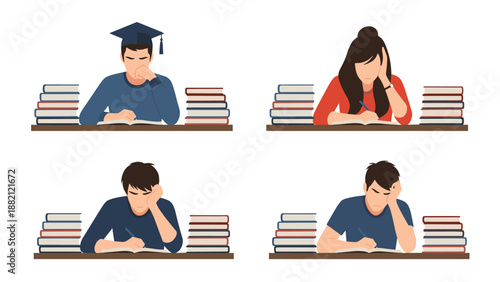 Group of four focused students sit at separate desks studying intensely for exams with large stacks of books around them.
