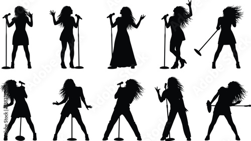 female singer silhouettes illustration, woman performing with microphone on stage, dynamic poses, black vector figures, isolated white background, music concept