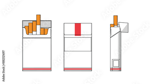 Pack of white cigarettes is illustrated from three different angles showing the box open, completely closed, and from the side.