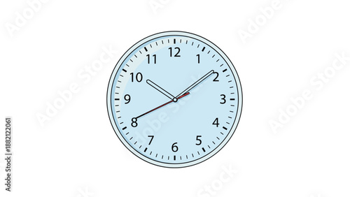 Classic analog wall clock face shows the time with bold black numbers and thin hands on a light blue decorative background.