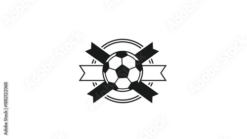Soccer club emblem design shows a black and white ball centered over crossed dark ribbons and a simple circular frame.