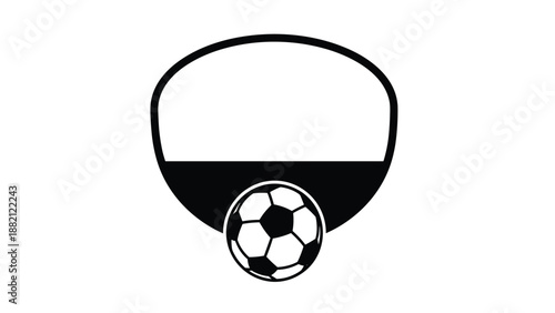 Graphic logo element features a black and white soccer ball at the base of a simple shield shaped outline on a white background.