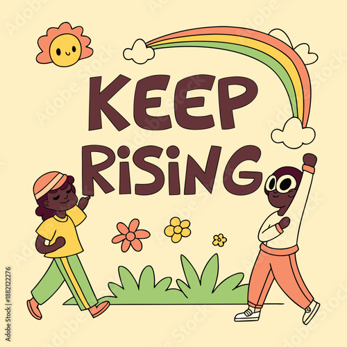 Motivational Apparel Graphic — “Keep Rising” Typography with Playful Figures