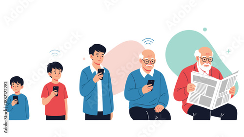 Concept of changing habits through generations shows youth using smartphones while an elderly man reads a traditional paper.