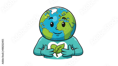 Eco-Friendly Earth Mascot Wearing a Suit with a Heart and Green Leaf Logo