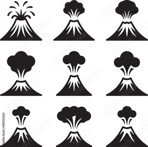 Set of volcanoes erupting with smoke and ash  volcanic activity icons