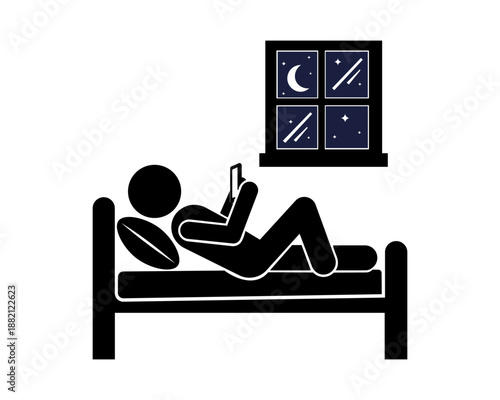 Using Smartphone in Bed at Night Stickman Illustration.
