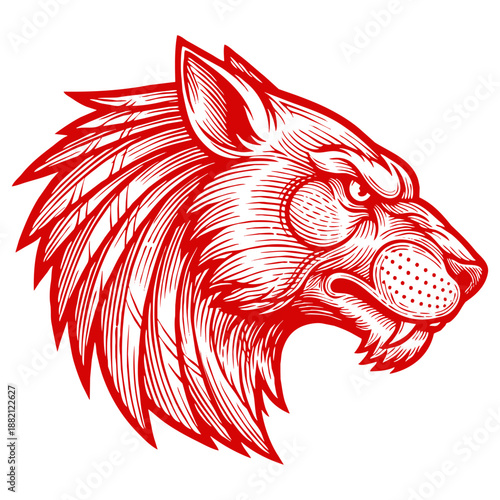 A detailed illustration of a boar's head in red, showcasing sharp lines, textured fur, and a fierce expression, set against a solid black background