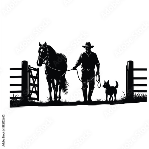 Cowboy walking horse and dog through ranch gate