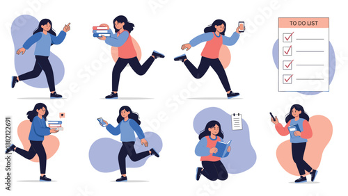 Montage of a busy woman performing various tasks like running, reading, and checking her phone, next to a large completed to-do list.