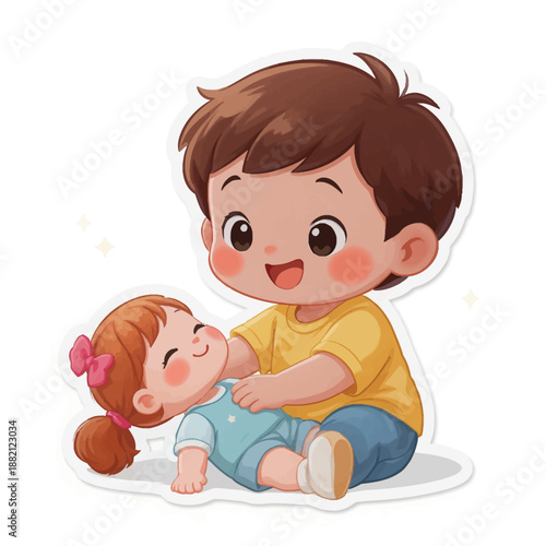 Cute cartoon boy playing with a baby doll, representing childhood innocence and playtime fun