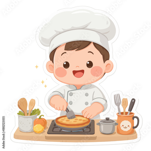 Adorable cartoon boy chef character happily preparing a delicious pie or pastry in the kitchen, a charming illustration of culinary joy and baking fun for kids