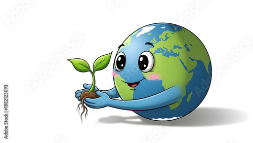 Cute Cartoon Planet Earth Holding a Small Green Sprout with Roots for Ecology and Nature Themes