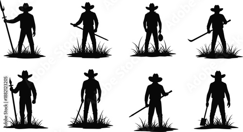 Silhouettes of a Gardener: A collection of silhouetted figures of a gardener in different work poses.