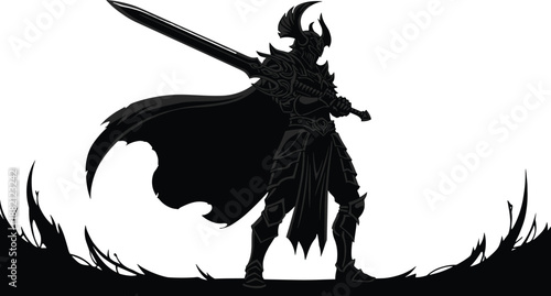 Shadow Warrior: A silhouette of a formidable warrior, clad in imposing armor, poised with a raised sword, and ready for battle, embodying strength and readiness.