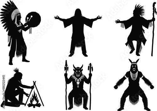   
Indigenous figure silhouette illustration, black vector design, ceremonial pose, feather headdress, drum, staff, campfire, spear, cultural attire, heritage art