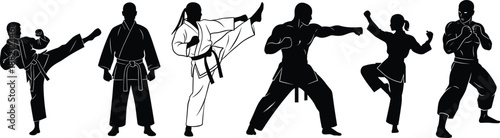 Martial arts silhouette illustration, black vector design, kick pose, punch stance, belt uniform, combat action, discipline concept, strength art