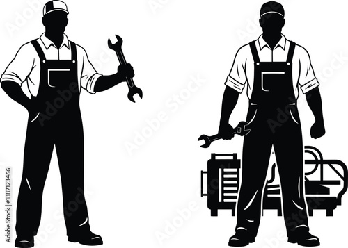 Mechanic silhouette illustration, black vector design, wrench pose, industrial worker, technician stance, machinery background, skilled labor concept, factory maintenance art