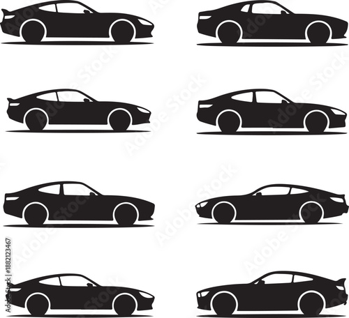 Silhouette of various car models in different positions  side view
