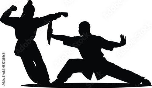 Martial arts training silhouette illustration, black vector design, sparring pose, defensive stance, punching motion, self-defense concept, fitness art