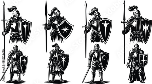 Knights Silhouette Collection: An artistic portrayal of a series of knights in striking silhouettes, brandishing swords and shields, embodying strength and medieval valor.