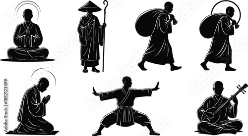 Monk's life: An artistic illustration captures the essence of monastic life, showcasing various actions and poses representing devotion, contemplation, and serenity. 