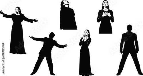 Theatrical silhouette illustration, black vector design, dramatic pose, expressive gesture, formal attire, emotional stance, stage art, performance concept, body language