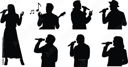 Singer silhouette illustration, black vector design, microphone pose, music performance, guitar player, vocal expression, entertainment concept, musical notes art