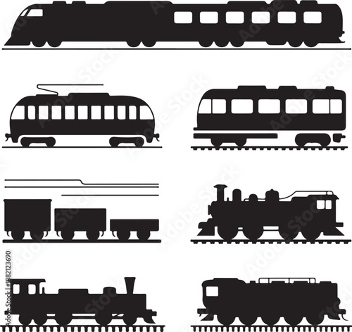 Silhouette of various train types on tracks and rails