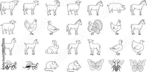 Farm animals including cows goats sheep and chickens