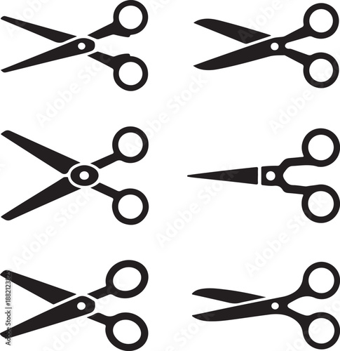six pairs of scissors in different positions and styles cutting tool icons