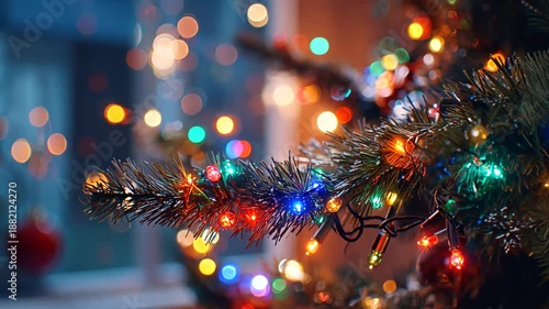 Wallpaper Mural A Christmas tree branch with colorful lights is decorated in a cozy indoor setting. Torontodigital.ca