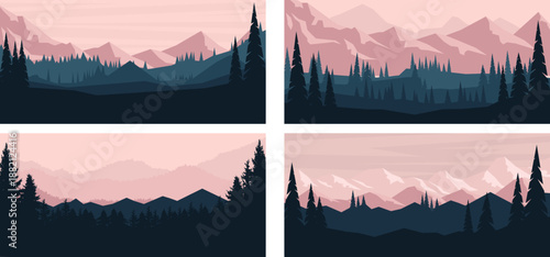 A set of four minimalist vector landscapes featuring jagged mountain peaks and pine forest silhouettes under a soft pink and purple sky in a clean, layered flat style.