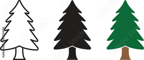 Pine tree icon set in outline, solid black silhouette and green color styles, coniferous evergreen fir tree symbols for nature forest and Christmas holiday vector illustration design.