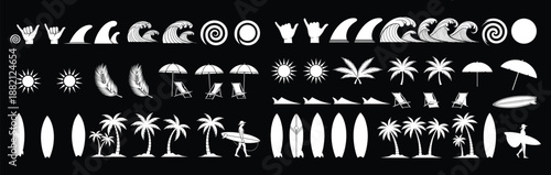 Summer beach doodle vector set with waves and surfboards. Hand drawn palm trees, umbrellas and sun icons. Tropical ocean elements for vacation designs, travel posters and seaside themed projects.