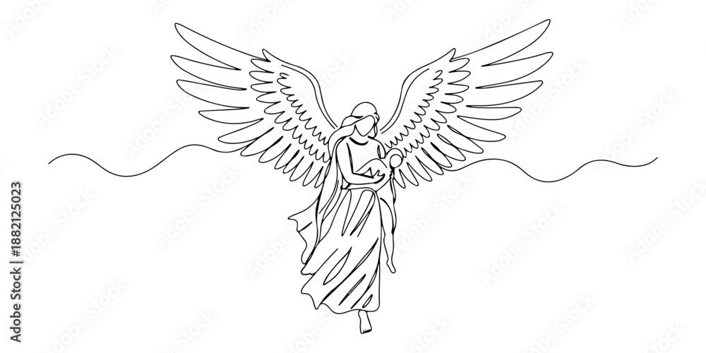 Fototapeta premium Continuous one line of a guardian angel shielding a figure, drawn vector illustration.