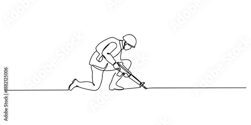 Continuous one line of a soldier laying down their weapon, drawn vector illustration.