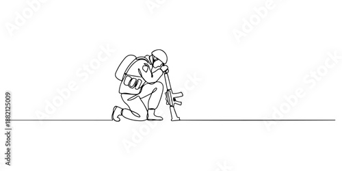 Continuous one line of a soldier laying down their weapon, drawn vector illustration.