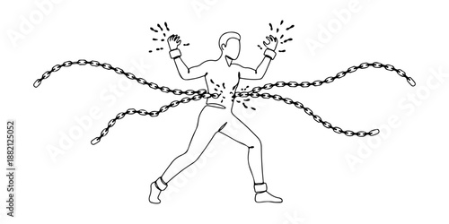 Continuous one line of a person breaking free from chains, drawn vector illustration.