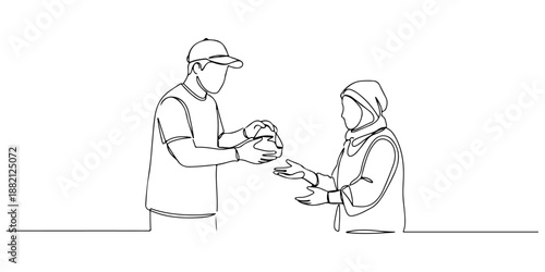 Continuous one line of a volunteer handing food to another, drawn vector illustration.