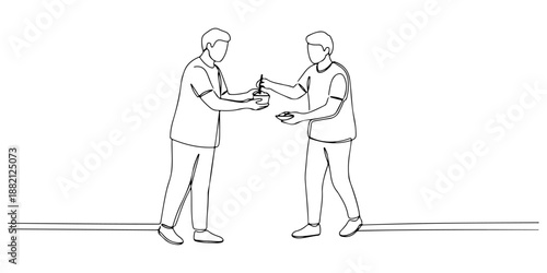 Continuous one line of a volunteer handing food to another, drawn vector illustration.